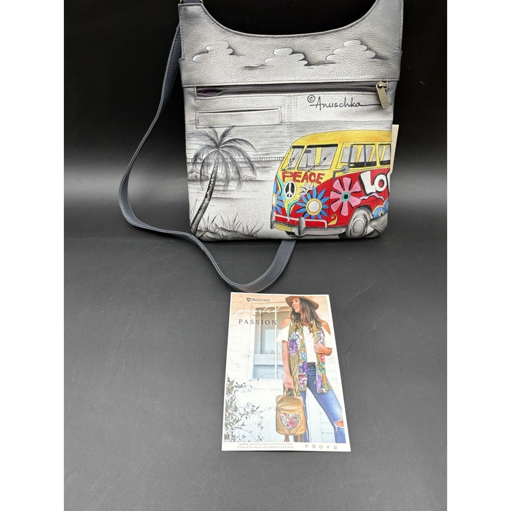 Anna Anuschka Leather Bag Hand Painted Happy Camper Peace Van Purse NWT - Picture 6 of 14